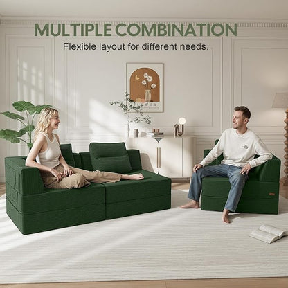 COMAX Futon Sofa Bed 3 Seater, 106" Convertible Sofa Bed Couches for Living Room, 4 in 1 Folding Boneless Sleeper Corduroy Couch Foam in a Box, Comfy Foldable Lounge Fold Out Floor Mattress, Green