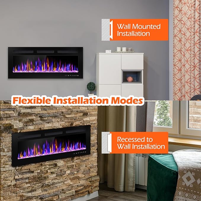 40" Electric Fireplace Wall Mounted and Recessed