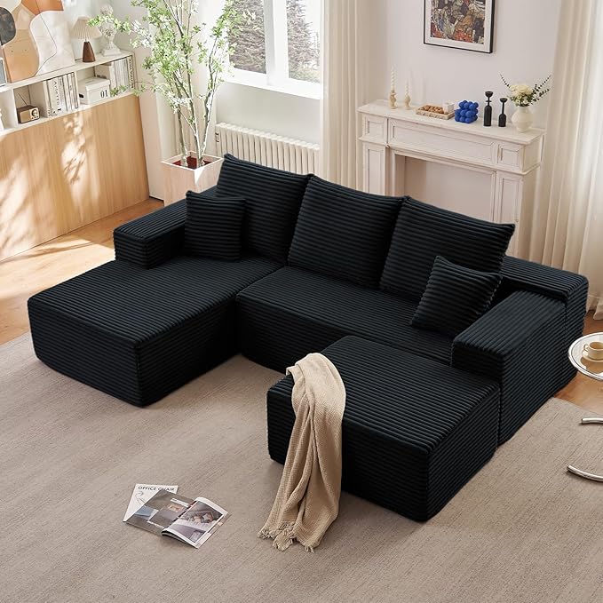 107" L-Shape Sofa with Ottoman, Modern Modular Sectional Comfy U-Shape Cloud Couch, Deep Seat, Upholstered Corduroy Sleeper Chaise Longue for Living Room Bedroom, No Assembly Required, Black