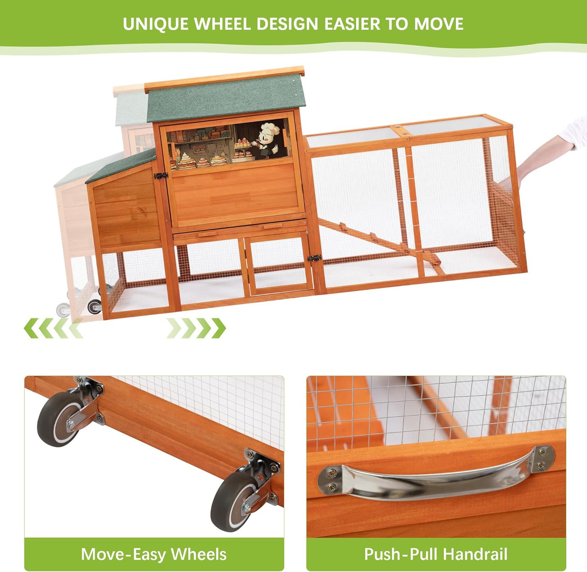 COZIWOW 82" Large Wooden Chicken Coop, Outdoor Rabbit Hutch with Wheels, Sunshine Board, Asphalt Roof, Ramp, Openable Top, Door, Window, Pull-Out Tray, Indoor Bunny Cage (Orange with Pattern)