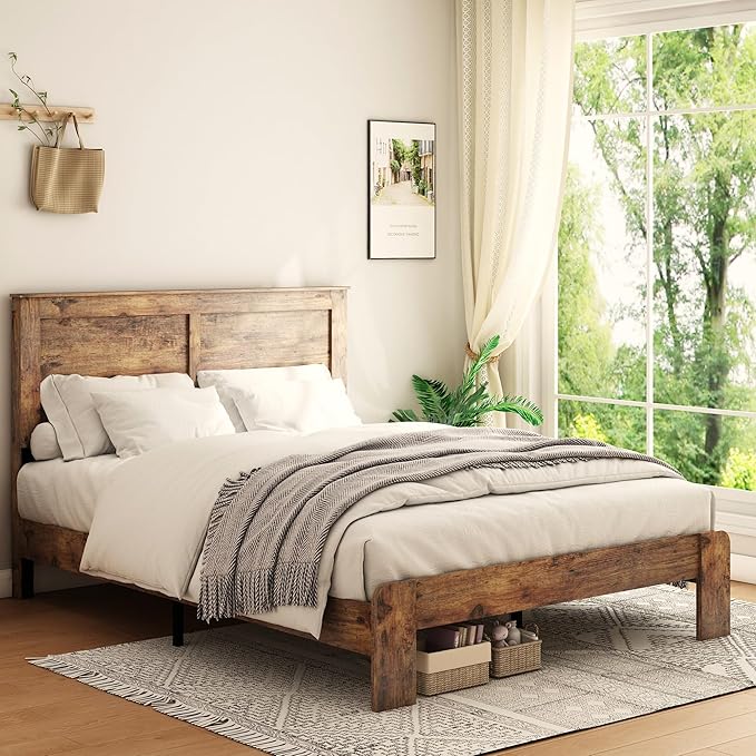 Full Size Bed Frame, Rustic Vintage Platform Bed Frame with Wood Headboard and Footboard, 12 Wood Slats Support, No Box Spring Needed (Dark Brown, Full)