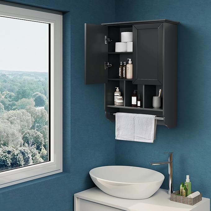 Bathroom Wall Cabinet with Towel Bar, Wooden Medicine Cabinet Adjustable Shelves