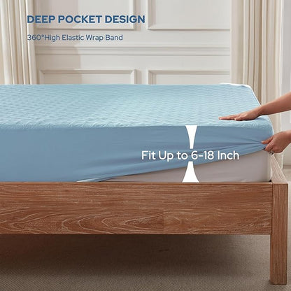 BEDLORE Waterproof Mattress Protector, Cal King Size Mattress Pad with Deep Pocket 6"-19" Depth, Soft Dirt-Proof Double Bed Mattress Cover for Bedroom, College Dorm, Hotel (Sky Blue)
