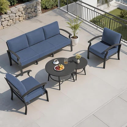 RTDTD Aluminum Outdoor Patio Furniture Set,5 Seats Patio Conversation Sets with 2 Round Coffee Tables,Metal Patio Sectional Furniture Set with 5.1" Thickened Cushions,Navy Blue