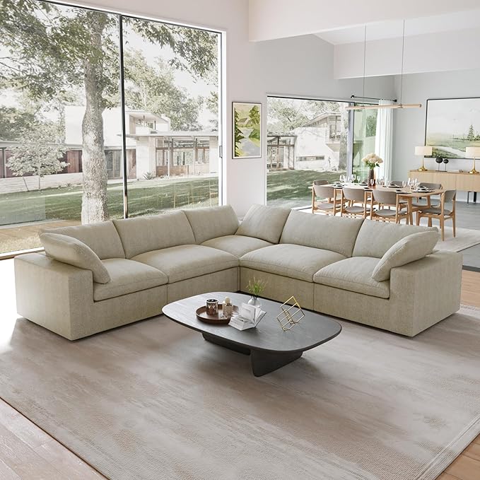 JACH V-Shaped Sectional Couch, Deep 5-Seats Convertible Sectional Sofa, Cushion Covers Removable, Modern Modular Sofas for Living Room/Bedroom/Apartment (Khaki)