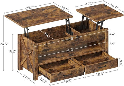Seventable Coffee Table, 47.2" Lift Top Coffee Table with 2 Storage Drawers and Hidden Compartment, Farmhouse Center Table with Wooden Lift Tabletop, for Living Room,Rustic Brown