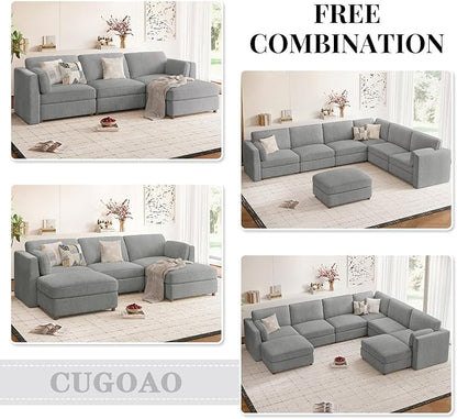 CUGOAO 118'' Modular Sectional Sofa, Oversized, Sectional Couch, Deep Seat Chenille Cloud Couch Sofa, Removable Cover, Mordern Upholstered Couches for Living Room, Apartment, Office, Grey