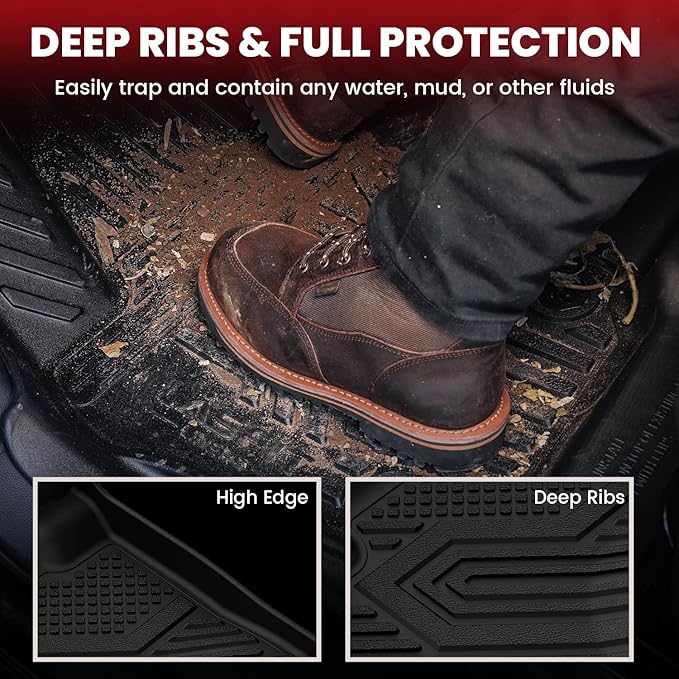 LASFIT Floor Mats for Ram 1500 2019-2024 Crew Cab with Rear Under-Seat Storage Bucket Seat (NOT Fit for Classic Model), 4 Full Size Doors All Weather TPE Custom Fit 1st & 2nd Row, Black