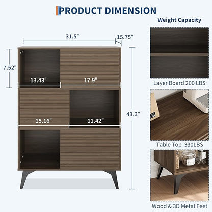 IDEALHOUSE Fluted Cabinet with Sliding Doors, Modern Wooden Storage Cabinet