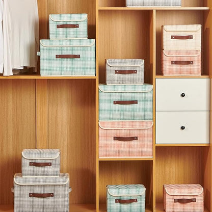 2PCS Storage Boxes with Lid 3D Textured Fabric Storage Bins Closet Organizer Containers Decorative Collapsible Washable Shelf Baskets with Faux Leather Handles (Light Salmon, Small Size)