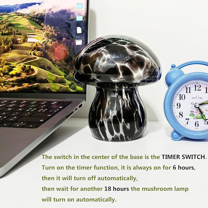 Mushroom Table Lamps Night Lights Cute Glass Nightstand Bedside Desk Lamps for Bedroom Living Study(Bulb Included) - Black