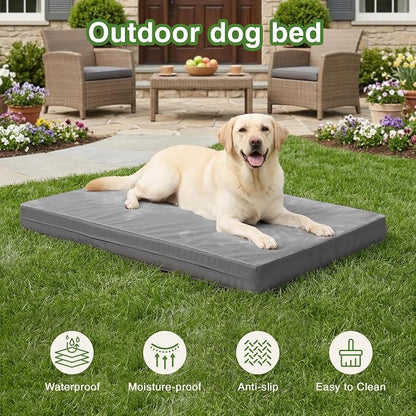 Waterproof XXXL Dog Bed, Outdoor Washable Large Foam Crate Pad 54"Anti-Slip | Jumbo Pet Bed, Reversible Faux Leather & Flannel, Durable Removable Cover, Kennel Pad 53"x36" Gray