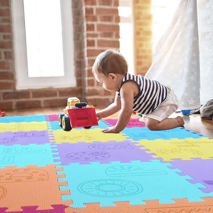 qqpp EVA 18 Tiles Baby Play Mat for Playing, Interlocking Foam Floor Mats for Tummy Time & Crawling, Puzzle Flooring Tiles with Alphabet & Numbers Laser Pattern for Kids. QL-99(BEGHIK) b18N
