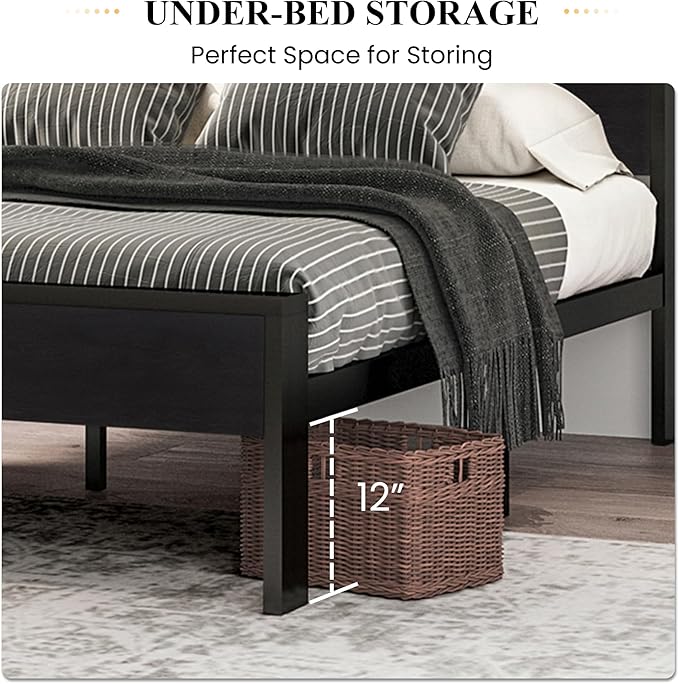 SHA CERLIN 14 Inch Queen Size Metal Platform Bed Frame with Wooden Headboard and Footboard, Mattress Foundation, No Box Spring Needed, Large Under Bed Storage, Non-Slip Without Noise, Black Oak
