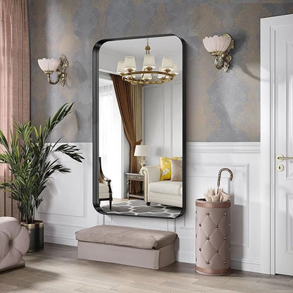 CIRCUMI Black Bathroom Mirror, Rounded Corner, Tempered Glass, Large Mirror