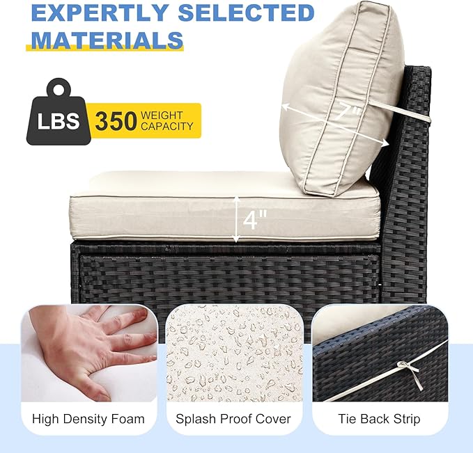 SunloungeCo Patio Furniture Set, 10 Pieces Outdoor Couch Sofa with Wider Armrests & Glass Coffee Table, Outdoor Sectional Furniture with Thick Cushions for Party, Poolside,Garden-Beige