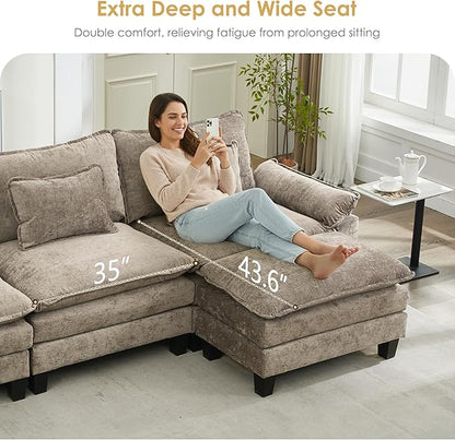 URRED Cloud Couch Modular Sectional Sofa, 157" Modern U Shaped Deep Seat Sofa with 2 Ottomans & Pillows, Ultra Comfy Chenille Couches for Living Room, Bedroom or Apartment, Khaki