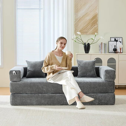 Convertible Floor Sofa Bed with Storage Pocket, Chenille Folding Mattress Sofa with Zipper Closure, Floor Lounge Couch for Living Room, Bedroom, Studio -Gray