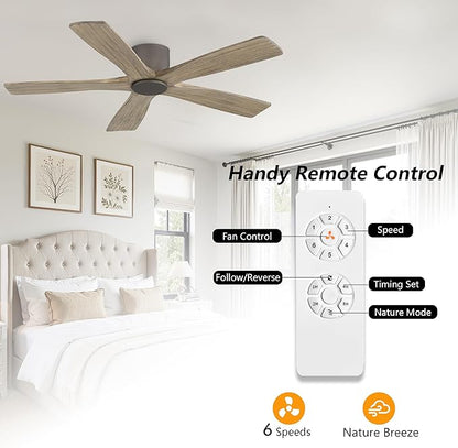 WINGBO 54" Flush Mount DC Ceiling Fans without Lights, 5 Carved Solid Wood