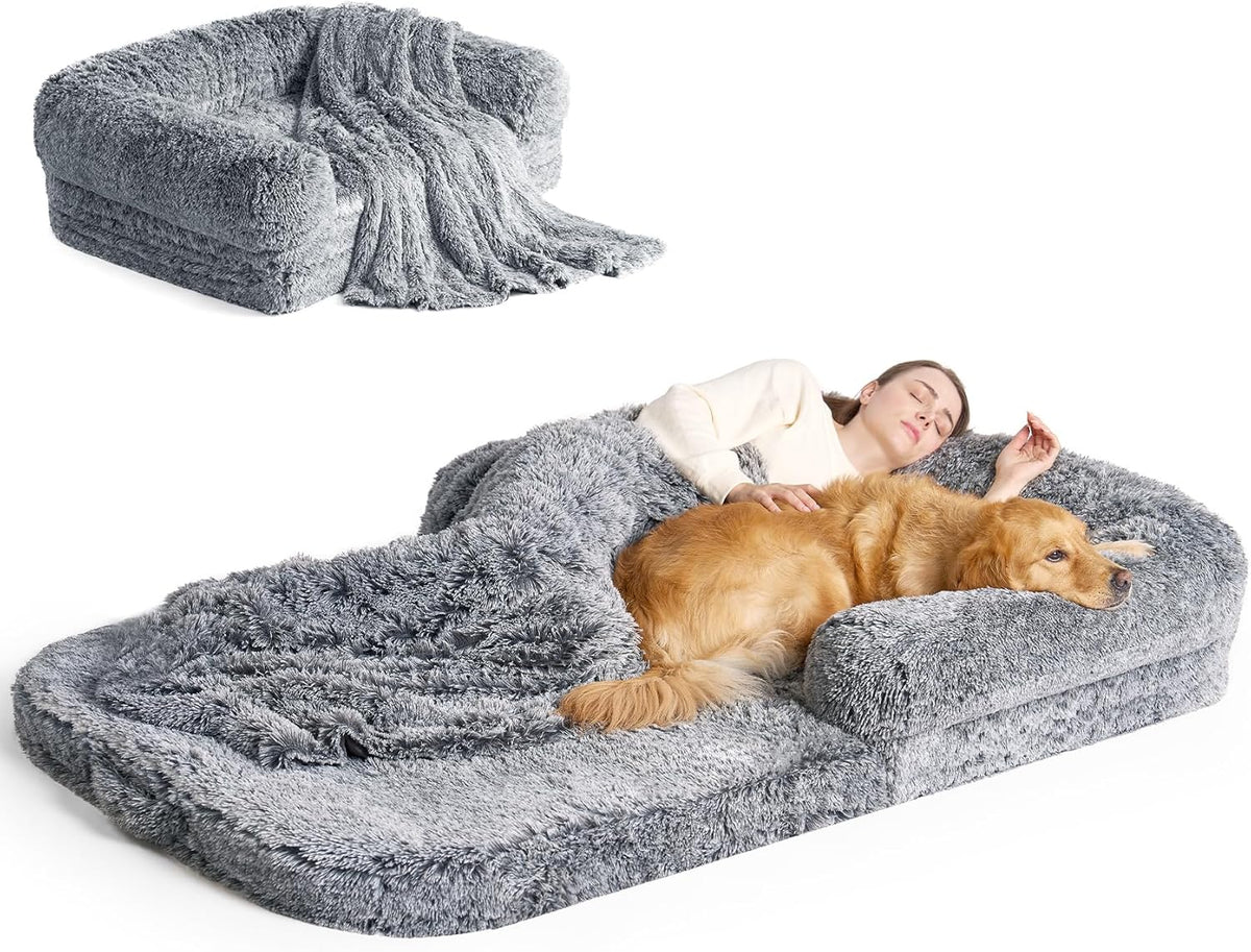 EHEYCIGA Foldable Human Dog Bed, Orthopedic Memory Foam Human Sized Dog Bed, Waterproof Pet Bed for People, Faux Fur Pet Couch for Adult, Grey, 72"x44"x11"