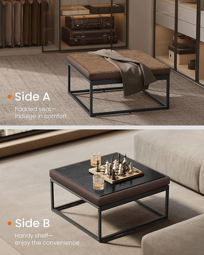 SONGMICS Home LUIZ Collection - Ottoman, Square Coffee Table, Footstool, Reversible Top, Padded Seat, Side Table, Minimalist, Steel Frame, Max. Load 660 lb, for Living Room, Walnut Brown ULOM077K01