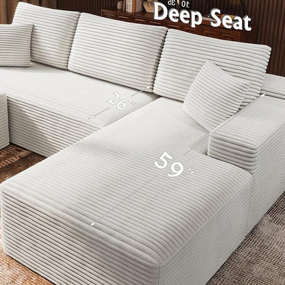3-Piece Boneless Modular Sectional Sofa, Cloud Couch, Right Facing Chaise with Ottoman, Oversized Deep Seat, Soft Corduroy Fabric, Sectional Couch for Living Room-White