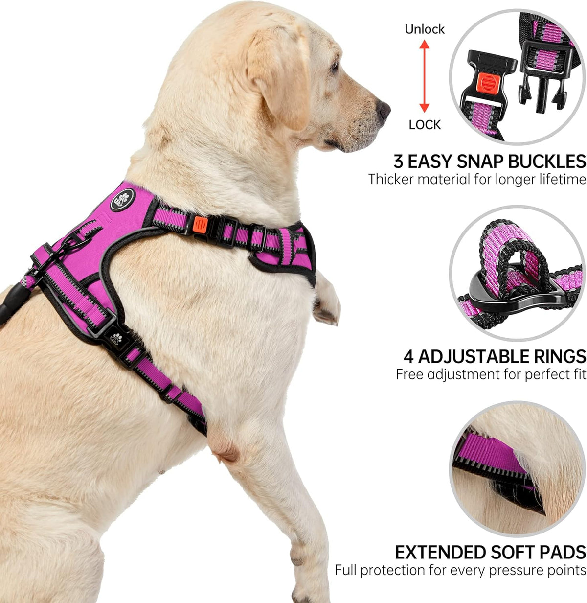 NESTROAD No Pull Dog Harness,Adjustable Oxford Dog Vest Harness with Leash,Reflective No-Choke Pet Harness with Easy Control Soft Handle for Small Medium Dogs(Medium,Fuchsia Pink)
