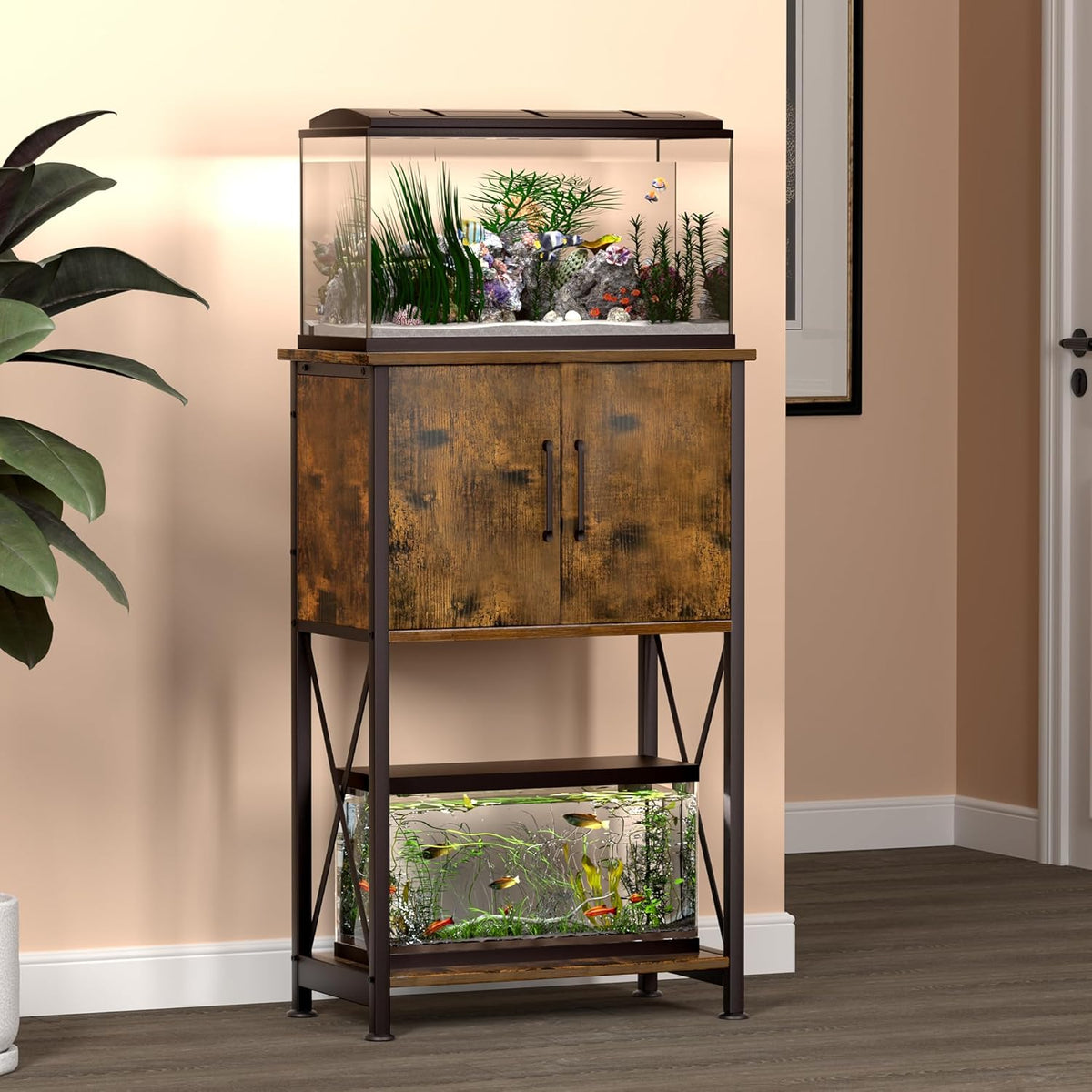 5-10 Gallon Fish Tank Stand, Metal Double Aquarium Stand with Cabinet for Fish Tank Accessories Storage, Heavy Duty 20.5" L* 11.02" W Tabletop, 500LBS Capacity Rustic Brown and Black PG06YGN
