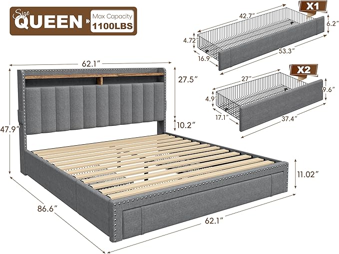 EnHomee Queen Size Bed Frame, Upholstered Queen Bed Frame with 3 Storage Drawers & 2-Tier Headboard Shelves, 1100LBS Heavy Duty, No Box Spring Needed, Easy Assembly, Grey