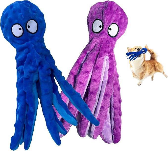 Squeaky Octopus Dog Toys for Small, Medium & Large Breeds - Durable & Soft Crinkle Plush Toys to Keep Dogs Busy - Blue & Purple Octopus 2pack