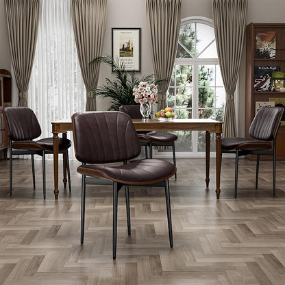 YaFiti Dining Chairs Set of 6, Dining Room and Kitchen Chairs, Mid Century Modern Accent Chair, Upholstered PU Leather Chairs for Vanity with Walnut Bentwood and Metal Legs, Brown