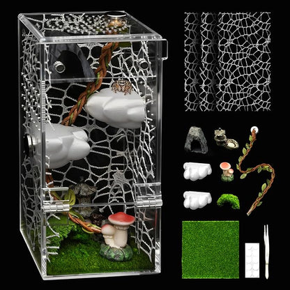 AZV Small Jumping Spider Enclosure Clouds Kit,Escape Proof Praying Mantis Habitat,Magnetic Door Arboreal Tarantula Terrarium Ventilation Spider Cribs,Transparent Acrylic Reptile Tank,Bug,Snail House