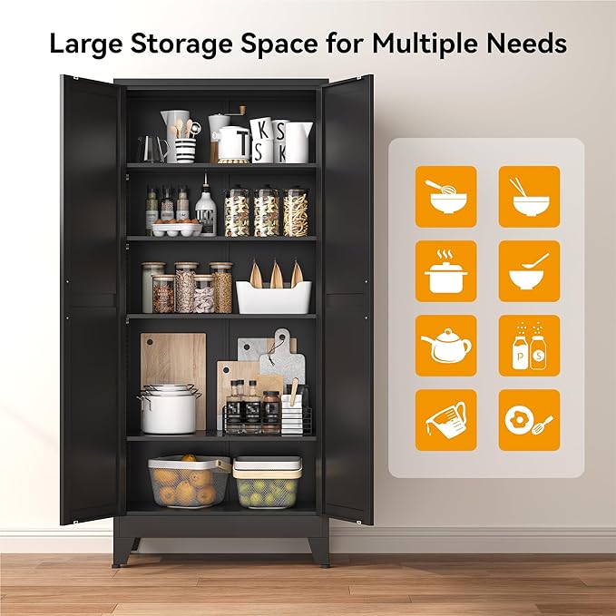 COFaR 71" Modern Pantry Cabinet in Black, 5-Tier Storage Cabinet