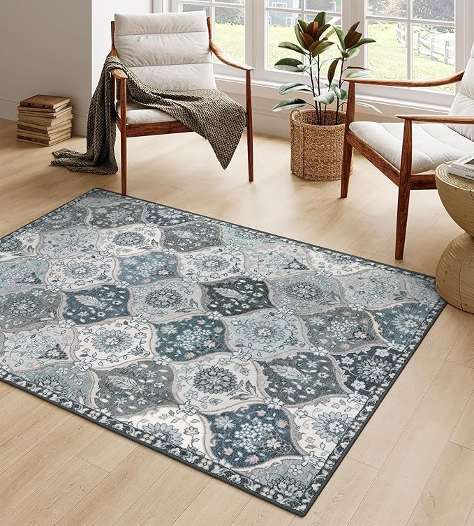 Lahome Moroccan Washable Living Room Rug, 5x8 Rugs for Bedroom Dining Room, Soft Non-Slip Non Shedding Boho Distressed Throw Carpet for Nursery Office, Blue