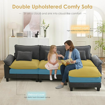URRED Cloud Couch Modular Sectional Sofa, 122'' Modern L Shaped Deep Seat Sofa with Ottoman & Pillows, Ultra Comfy Velvet Couches for Living Room, Bedroom or Apartment, Dark Gray