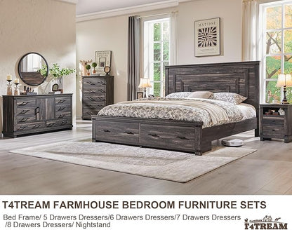 T4TREAM Farmhouse Queen Size Bed Frame with 54" Tall Geometric Headboard & 2 Large Storage Drawers, Rustic Wood Platform Bed with Wood Slats Support, No Box Spring Needed, Dark Rustic Oak