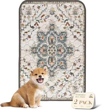 nunubaby Washable Pee Pads for Dogs, Stylish, Non-Slip and Leak-Proof Pee Pads. Reusable Potty Pads for Dogs for Crates and Floors.(Beige/Floral, 24" x36")