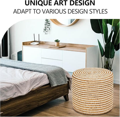 Wimarsbon 18'' Ottoman Pouf, Natural Braided Poof, Rustic Handweave Lounge Pouffe, Boho Footrest Stool for Bedroom, Accent Table or Seat for Living Room (Natural Water Hyacinth + White Cotton Rope)