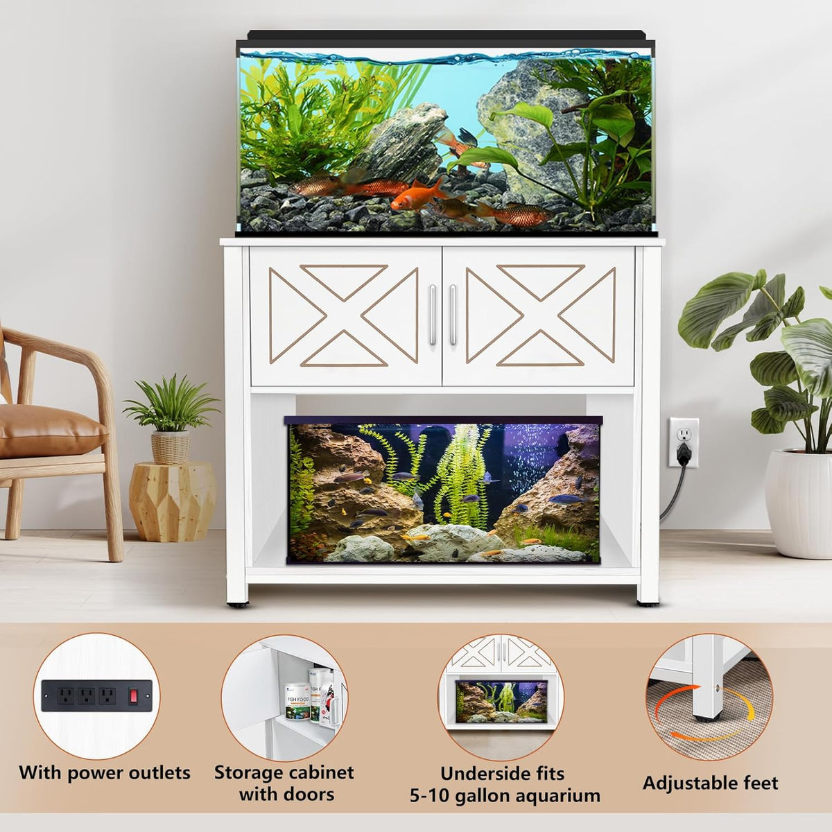 40 Gallon Tank Stand with Cabinet and Power Outlets, Heavy Duty Metal Aquarium Stand for 40-50 Gallon Breeder Tank, Turtle Tank, Double Terrarium Stand, 660LBS Capacity, White