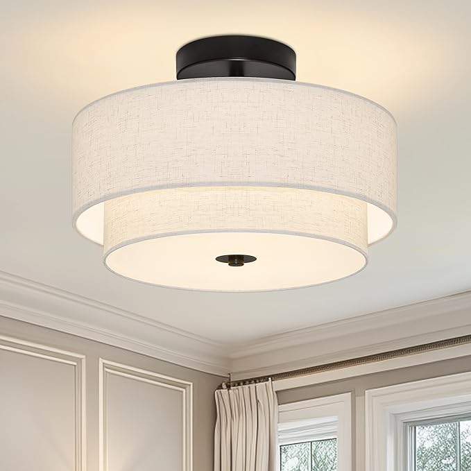 2 Light Semi Flush Mount Ceiling Light Fixture 12.6 Inch Modern Black Drum Ceiling Light Fixture with 2-Layer Fabric Shade Dimmable Close to Ceiling Light for Living Room Hallway Bedroom Entryway