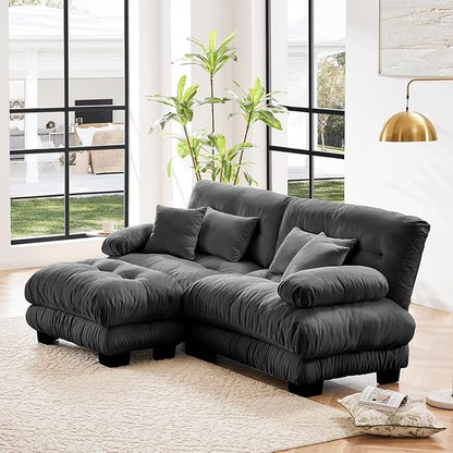 94.4" Loveseat Sofa, 2 Seater Modular Sectional Sofa, Grey Large L Shaped Sectional Fluffy Couch, Chenille Cloud Couch with Ottoman, Deep Seat Sofas for Living Room