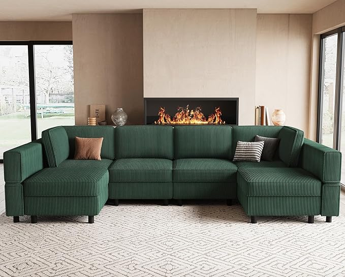 114.2" U Shaped Sectional Sofa,6 Seat Corduroy Couch,Comfy Modular Sectional Sofa with Storage Movable Ottoman Chaise,Upholstered Sectional Couches for Living Room,Green