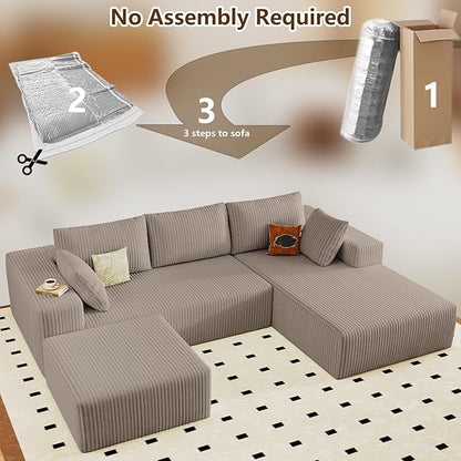 96" U-Shape Cloud Couch, Modern Modular Sectional L-Shape Sofa with Ottoman, Corduroy Upholstered Couches Deep Seat Chaise Longue for Living Room, No Assembly Required(Camel, Right Facing)