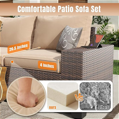 Aoxun 13 Pieces Patio Furniture Set with 44” Fire Pit Table Wicker Rattan Outdoor Sectional Conversation Set with Coffee Table and 4” Thickened Cushions, Beige (Waterproof Cover Included)