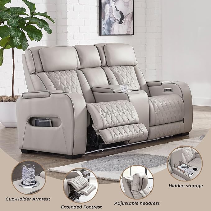 Signature Design by Ashley Boyington Contemporary Leather Match Power Reclining Loveseat with Console and USB Charging Ports, LED Lights and Adjustable Headrest, Light Gray