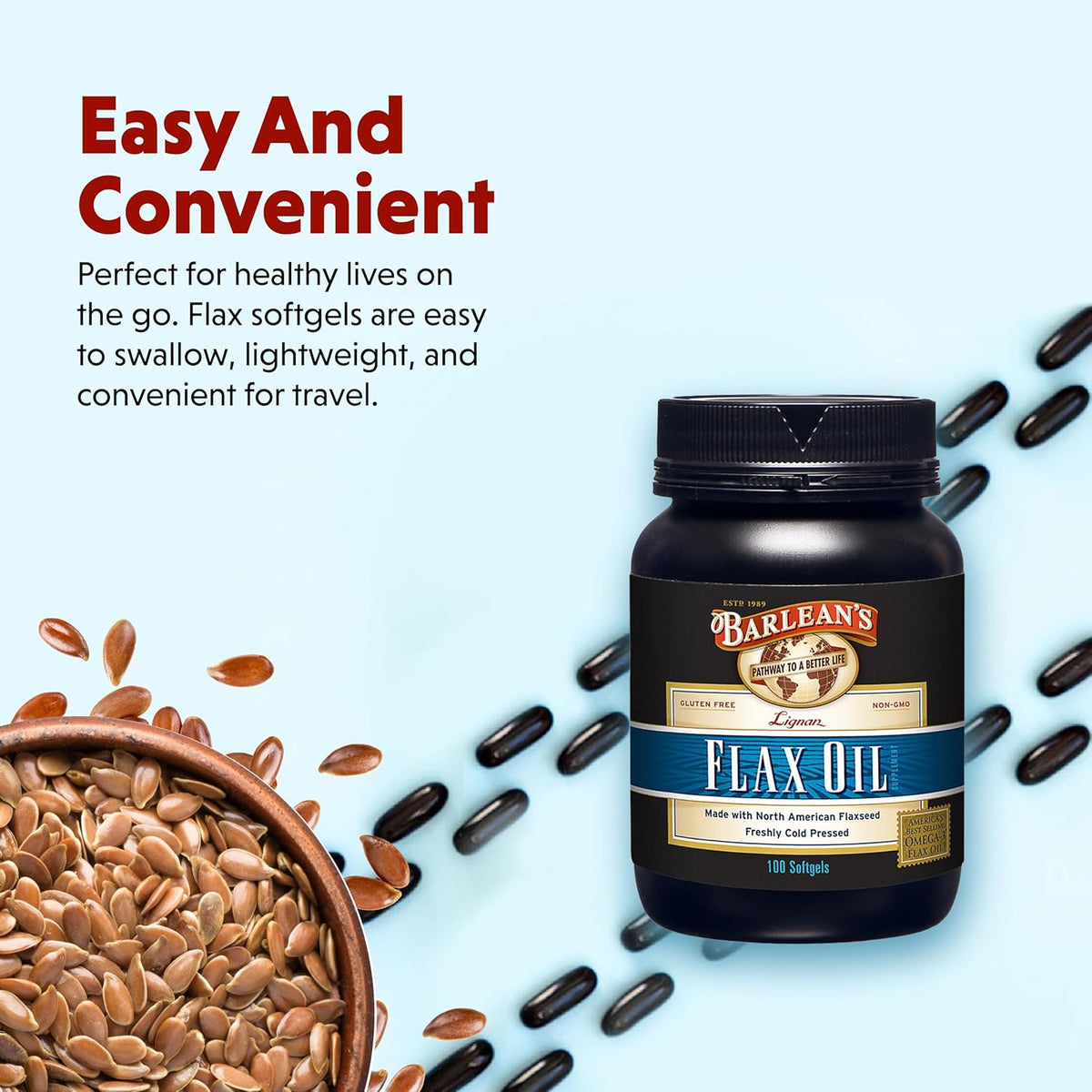 Barlean's Omega 3 6 9 Lignan Flaxseed Oil Supplements, Cold-Pressed Flax Seed Supplement Softgels with 1550 mg ALA Fatty Acids, 100 Count