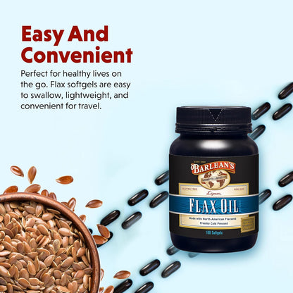 Barlean's Omega 3 6 9 Lignan Flaxseed Oil Supplements, Cold-Pressed Flax Seed Supplement Softgels with 1550 mg ALA Fatty Acids, 100 Count