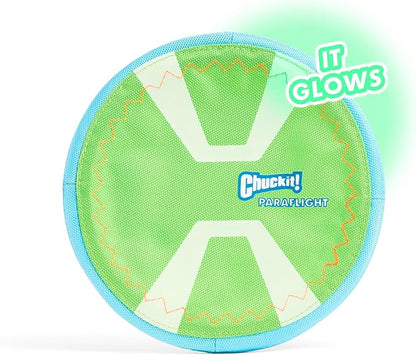 Chuckit! Max Glow Paraflight Flying Disc Dog Toy - Water Floating Flyer - Durable Nylon Construction with Soft Rubber Edges - For Medium and Large Dogs - Size Large - 9.75" L x 9.75" W - Pack of 1