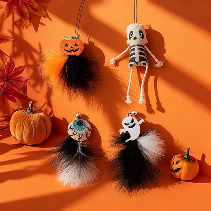Walfront 4PCS Halloween Cat Toys, Wand Teaser Toys with Bells, Pumpkin, Ghost, Eyeball and Skull, Kitten Interactive Toys, Plush Kitten Plaything Gift Set