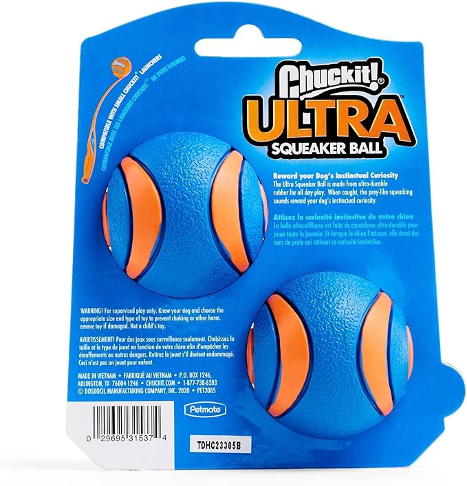 Chuckit! Ultra Squeaker Balls for Dogs, Floating Water Pet Toys, Durable Rubber Pet Toy, Bouncy Squeaky Fetch Balls For Dogs, Pack of 2, Medium (2.5")